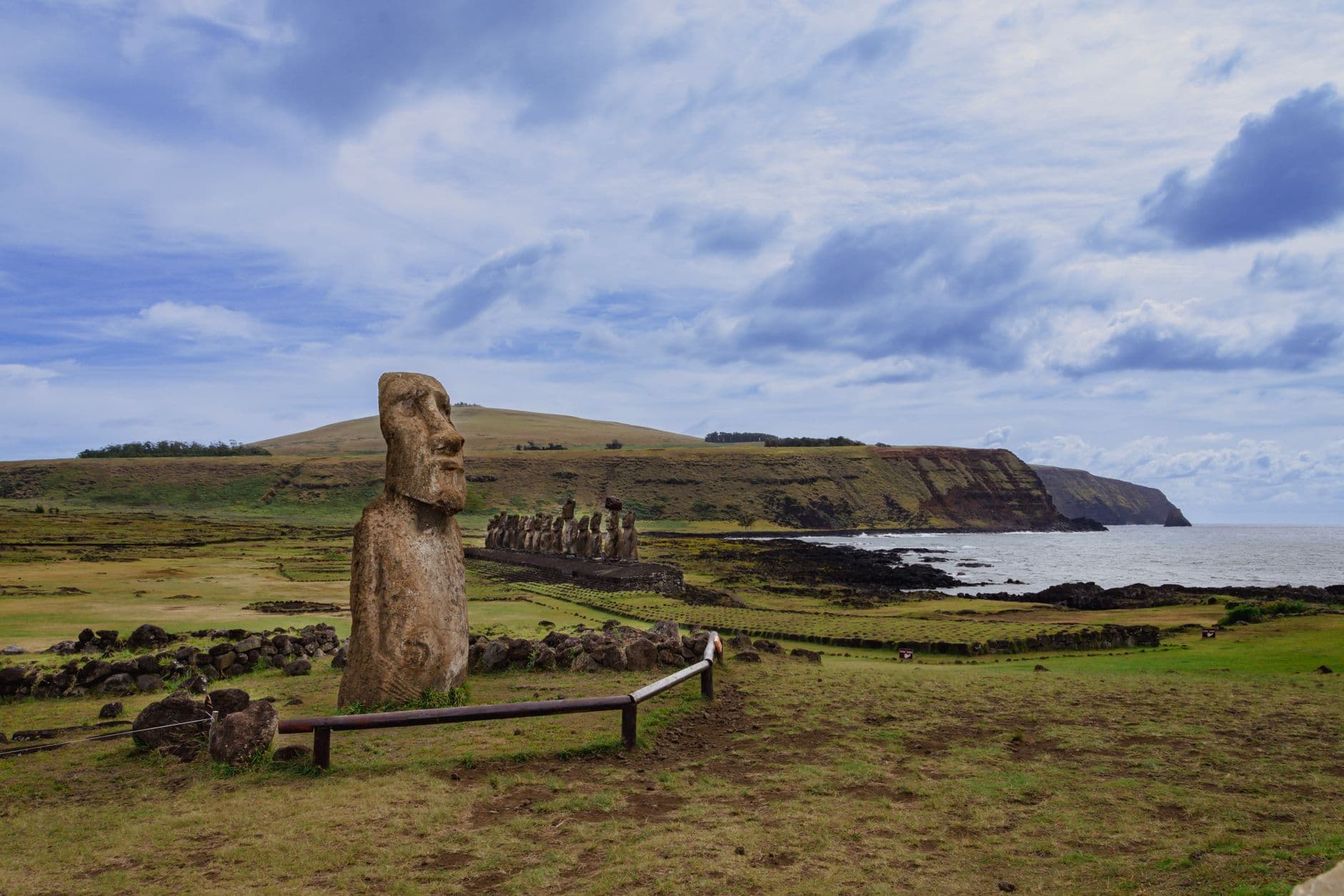 Discover the iconic Moai statues on Easter Island's stunning coastal landscape.