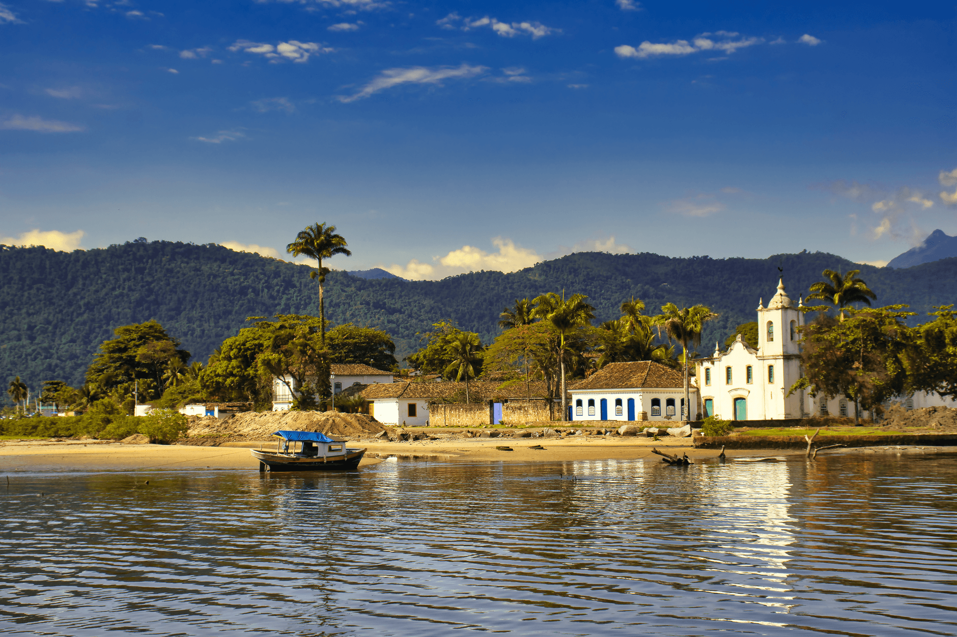 Picturesque view of the historic waterfront with the Church of Our Lady of Sorrows in Paraty, Brazil.