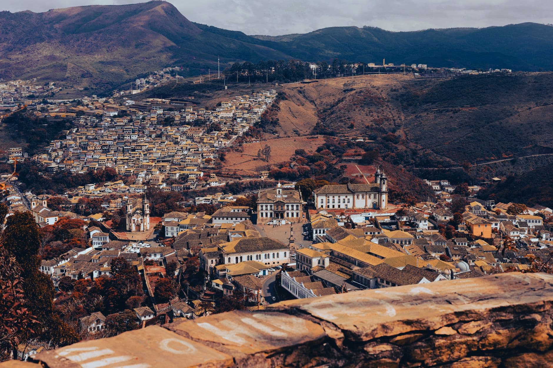 Stunning aerial view of Ouro Preto's historic architecture and landscape in Minas Gerais, Brazil.