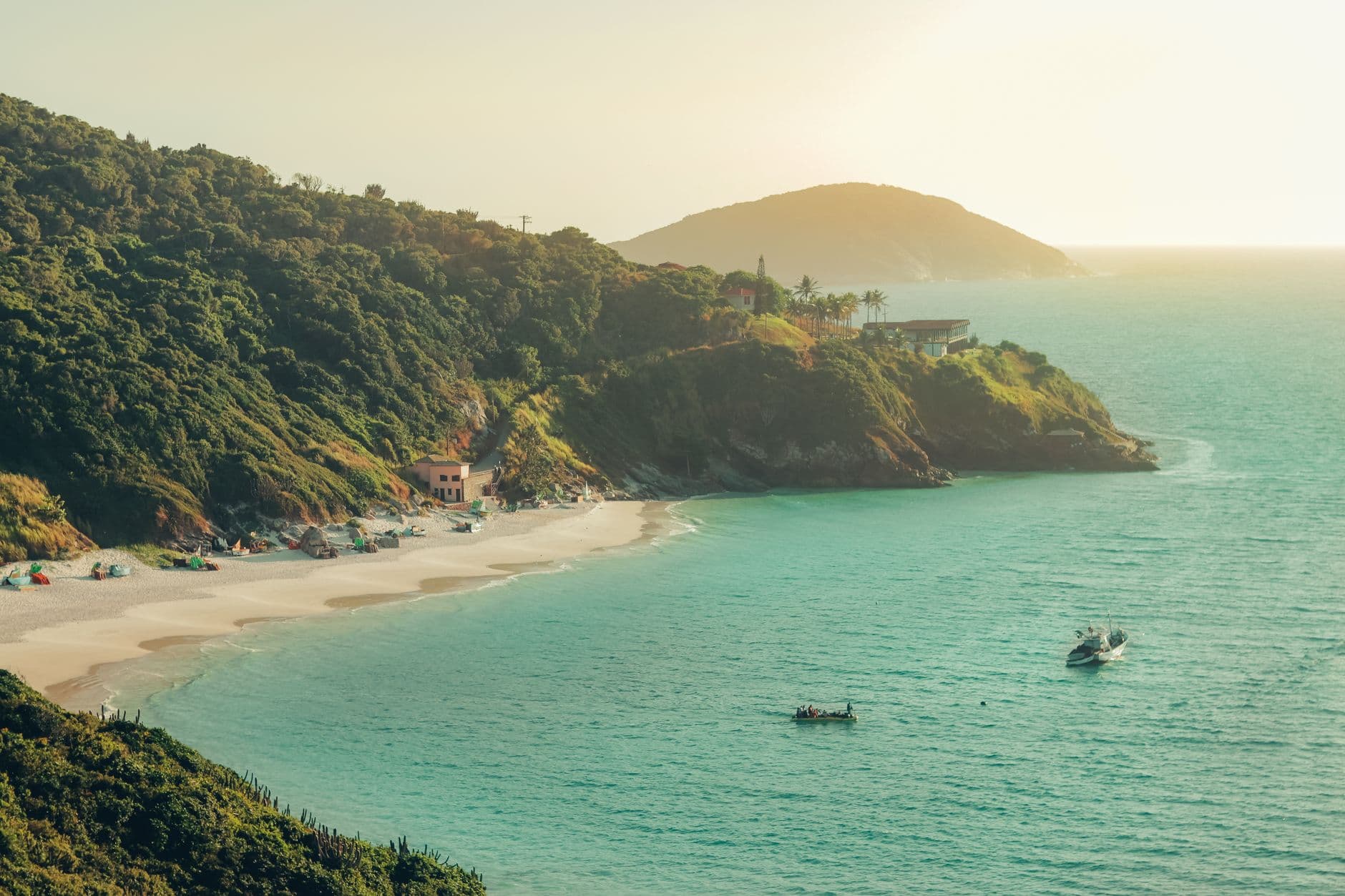 A breathtaking aerial view of Arraial do Cabo's turquoise waters and pristine beaches.