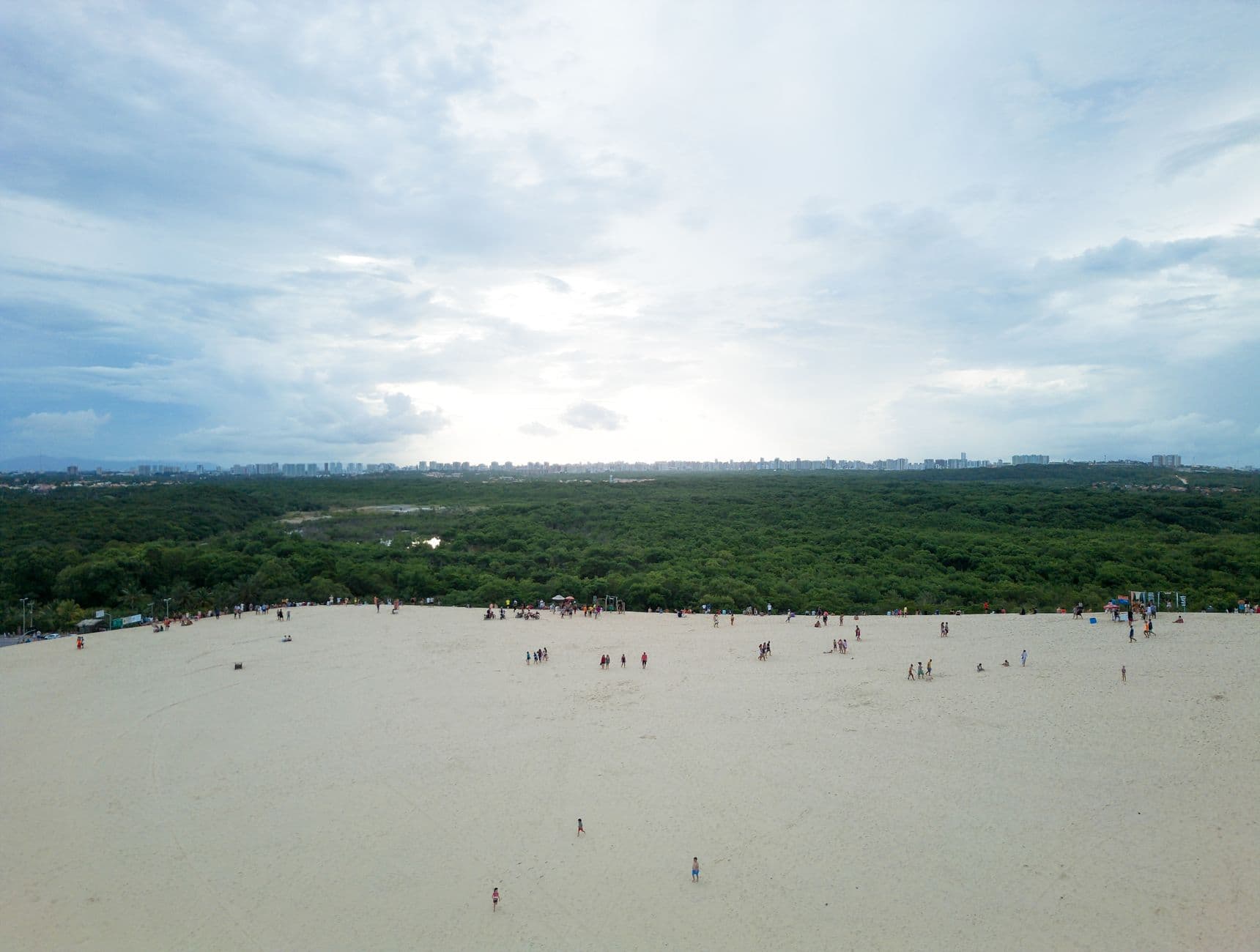 Breathtaking aerial view of sandy beach and lush greenery in Fortaleza, Brazil.