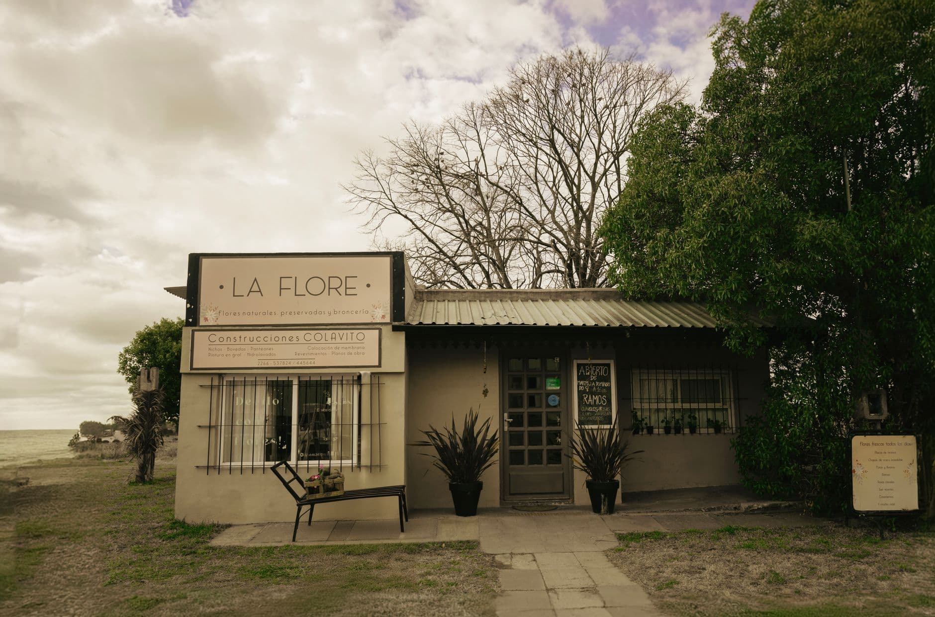 A quaint shop named La Flore with a rustic facade among trees on a cloudy day.
