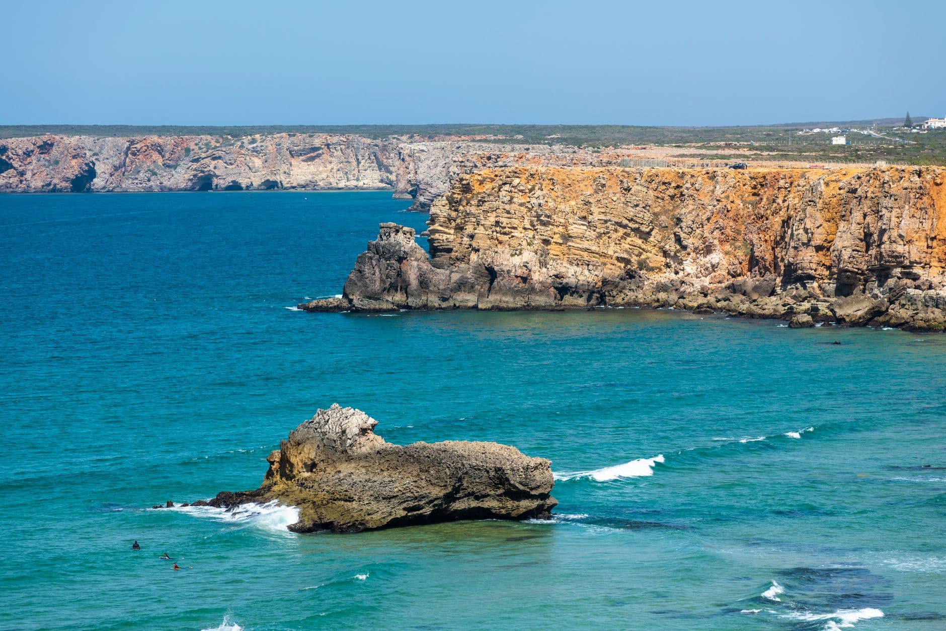 Breathtaking view of Sagres cliffs and vibrant turquoise sea in Faro, Portugal, showcasing natural beauty.